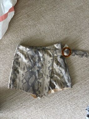 Zara Beige and Black High-Waist Snake-Print Shorts with Belt